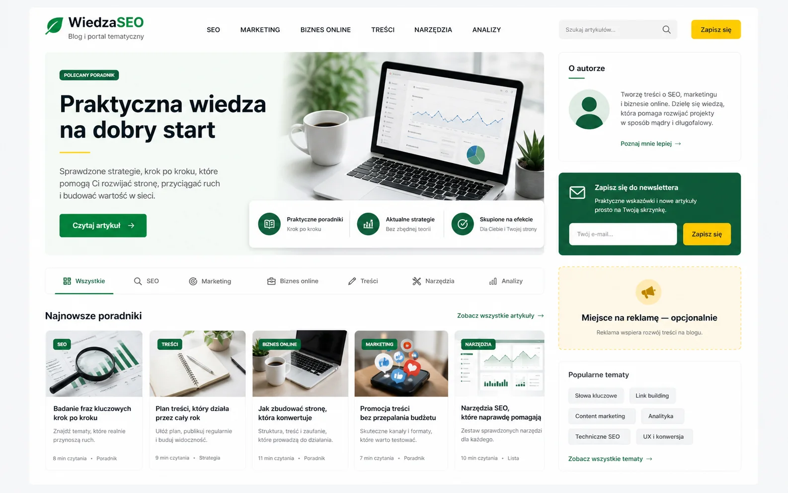 Przykładowa koncepcja bloga wspierającego widoczność w Google i portalu tematycznego w jasnej zielonej kolorystyce