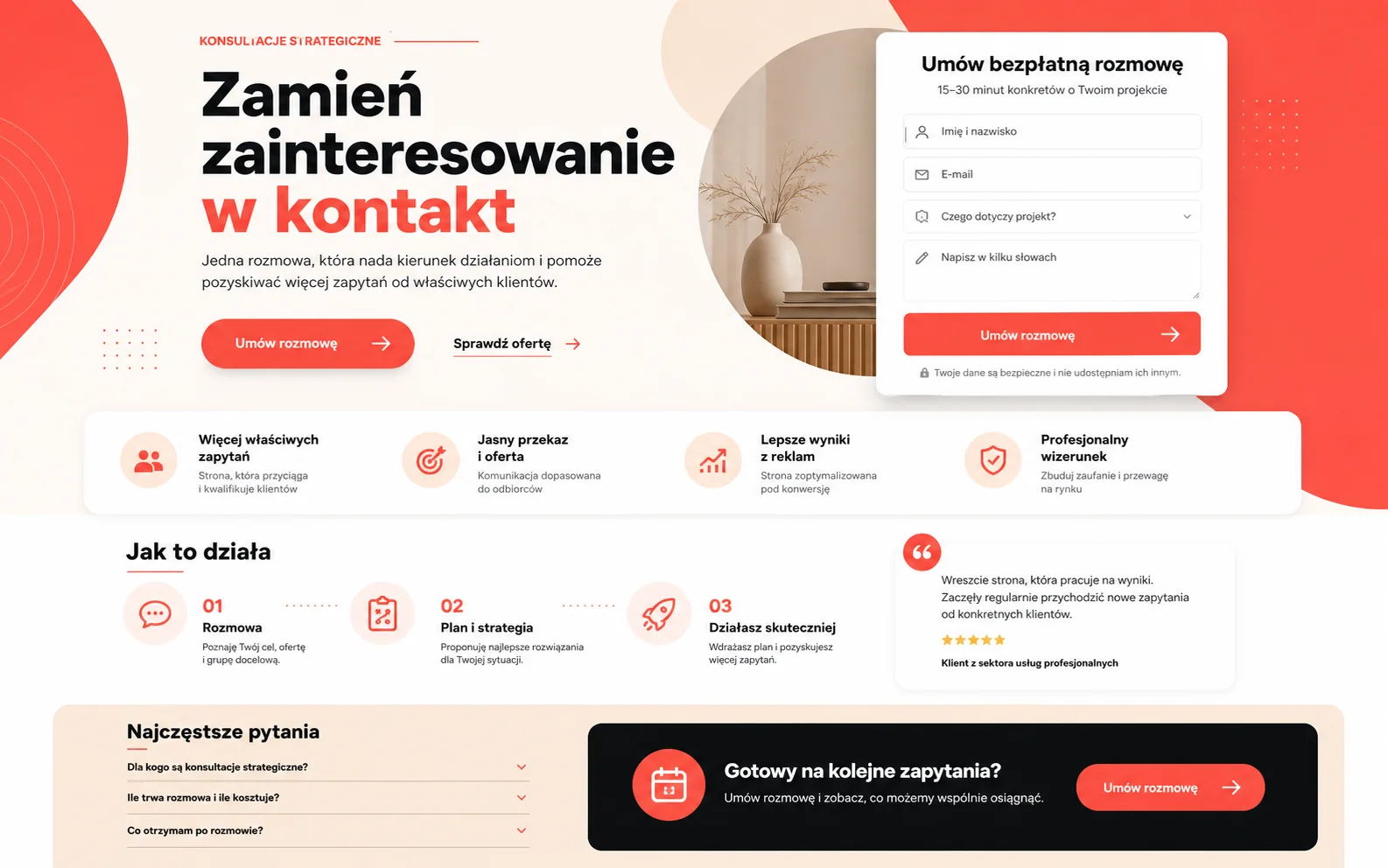 Przykładowa koncepcja strony kampanijnej w koralowej kolorystyce