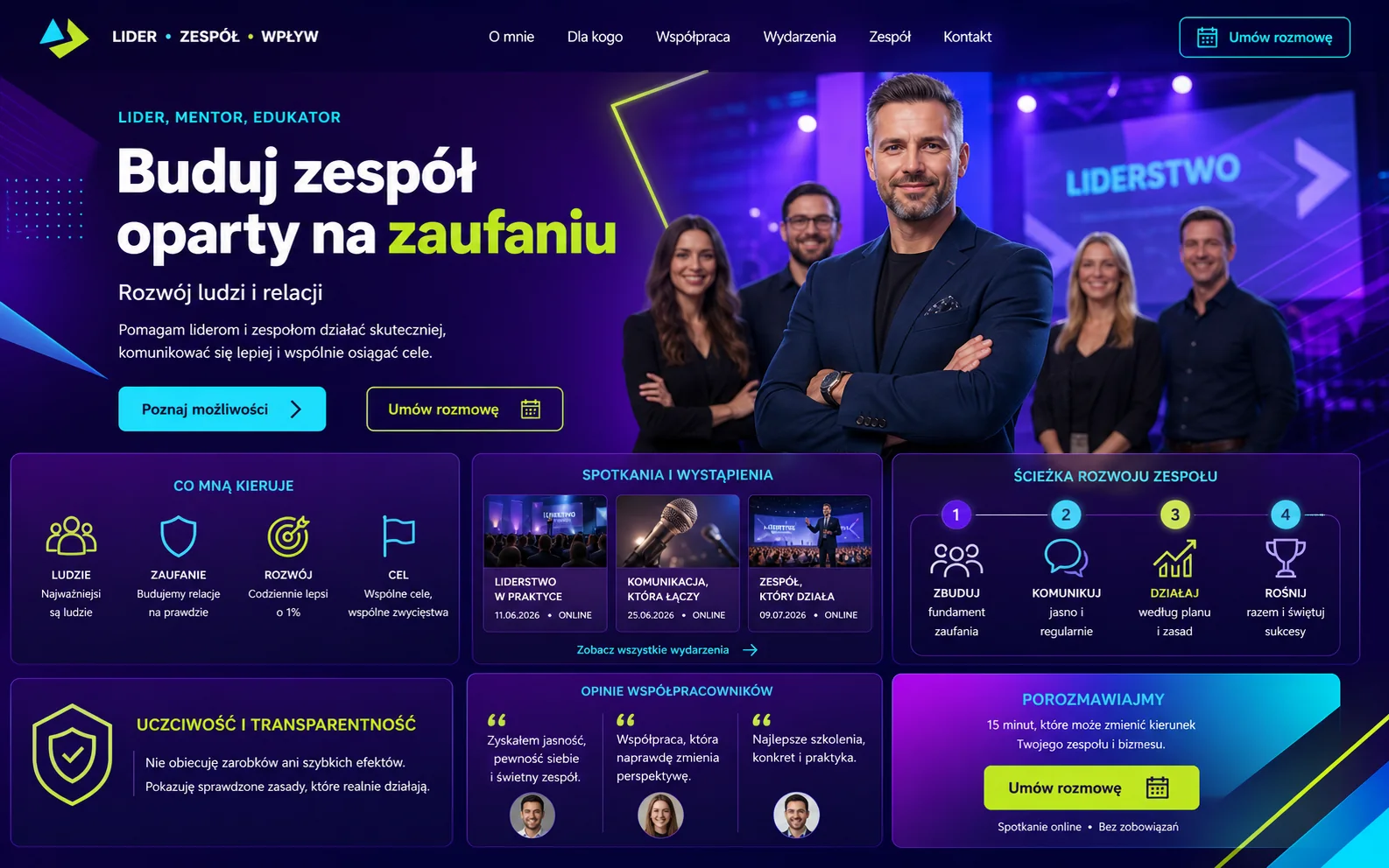 Przykładowa koncepcja strony lidera i zespołu w dynamicznej fioletowej kolorystyce