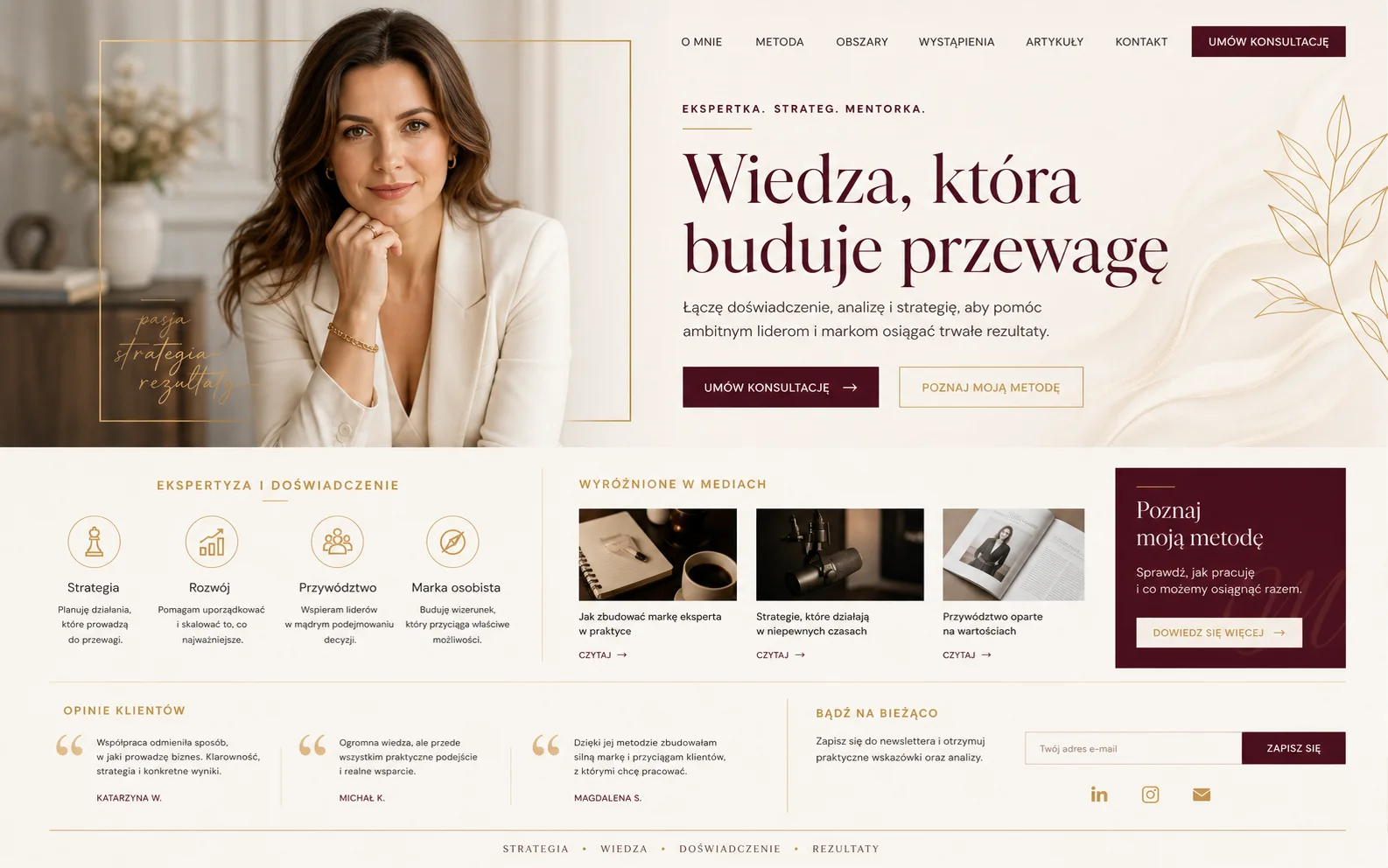 Przykładowa koncepcja strony marki osobistej w eleganckiej kremowej kolorystyce