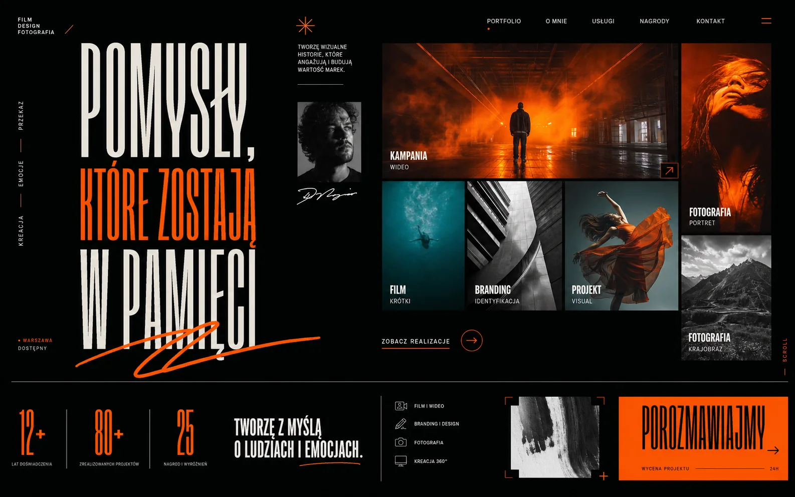 Przykładowa koncepcja kreatywnego portfolio w czarno-pomarańczowej kolorystyce